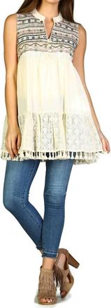 Velzera Lace Fringe Embroidered Sleeveless Tunic In Beige