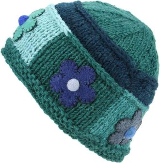 Loud Elephant LoudElephant Ladies Wool Knit Beanie Hat with Flower Patch Design - Green