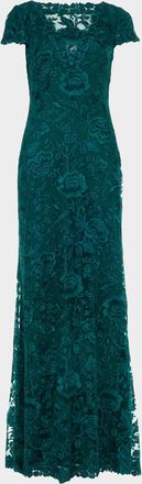 Tadashi Shoji Short-Sleeve Embroidered Tulle Column Gown