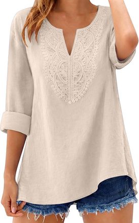 Generic WomenS Linen Blouses Cotton 3/4 Sleeve Tops Women Solid Color Slim Fit Blouse Basic Embroidered Top Vintage Cotton Linen Blouses Pure Color Summer Tsh