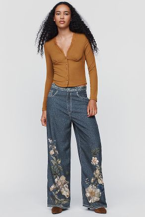 Ranna Gill Denim Floral Print Wide-Leg Pants