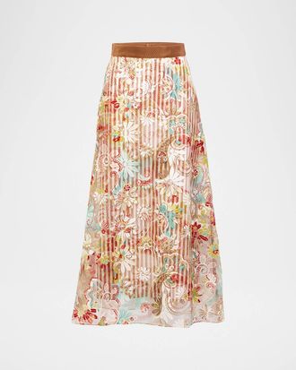 Silvia Tcherassi Nelida Floral Embroidered Layered Stripe Midi Skirt