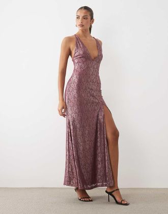 Asos vestito lungo con scollo profondo in pizzo laminato bordeaux-Rosso