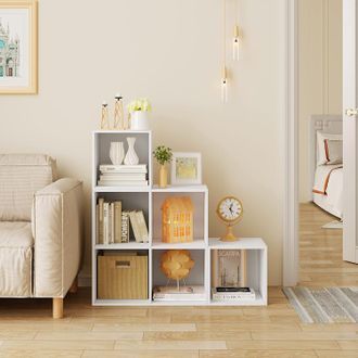 Woltu Estanteria Libreria Con 6 Compartimentos Estanteria De Almacenamiento De Madera Para Salon Estudio Y Oficina Blanco+roble Claro 90x30x90 Cm - Woltu