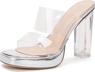 Generic Womens Clear Transparent Platform Mules Square Toe Slip On Sandals Chunky Lucite Block Heel Modern Futuristic Style Summer Shoes Trendy,Silver 7cm,4.5