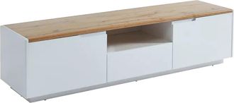 Vente-Unique Mueble TV AMANI - 2 puertas y 1 caj&oacute;n - MDF lacado blanco - Color: blanco y roble
