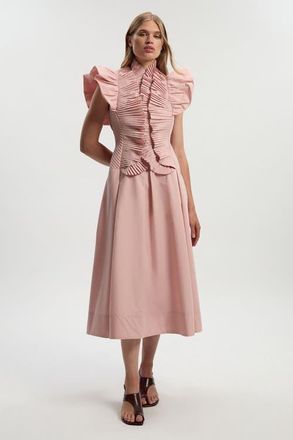 Karen Millen Pleated Ruffle Sleeve Woven Midi Dress in Blush at Nordstrom, Size 6