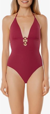 Helen Jon Tortoise Ring Plunge One-Piece in Merlot Cora Texture at Nordstrom, Size X-Small