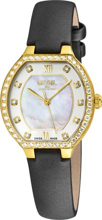 Gevril Group Womens Lugano Swiss Diamond Watch, White MOP Dial, 316L Stainless Steel IPYG Case, Geniune Italian leather strap