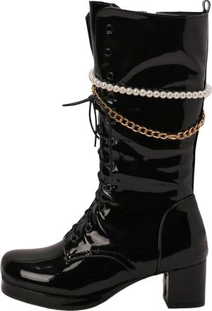 Generic Winter Ladies Fashion Pearl Beaded Tassel Decorated Chunky High Heel Leather Mid Calf Boots in Candy Colors for Big Sizes (Black, 4. 5)