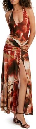 Bardot Sariba Halter Neck Mesh Maxi Dress in Burnt Orange Floral at Nordstrom, Size X-Large