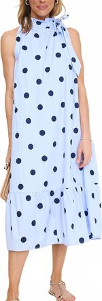 Glam Ruffle Neck Tie Sleeveless Midi Dress In Blue Polka-Dot