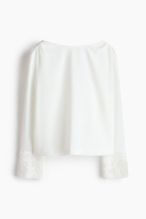 H&M Bluse mit Wasserfallausschnitt und Perlenstickerei - Weiss