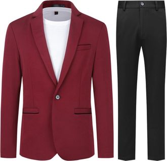 AlltheMen Mens 2 Pieces Suit Casual 1 Button Dress Suits Solid Color Stylish Wedding Dress Suit Red (Black Pants) XXL
