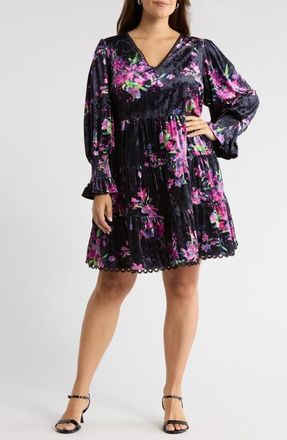 Sugarlips Tulda Amari Floral Long Sleeve Tiered Velvet Dress in Black-Multi at Nordstrom, Size 1 X