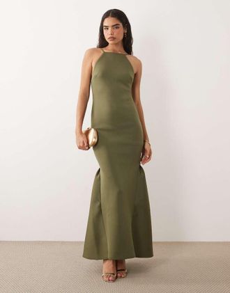 Asos Vestito lungo accollato verde oliva con schiena scoperta