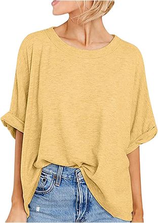 Generic Oversized T-Shirt for Women Casual Baggy Short Sleeve Basic Pullover Tops Summer Tshirts Plain Colour Loose Fitting Classic-Fit Blouse Tops Plus Size 