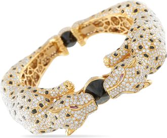 Luxury Bazaar 18K Yellow Gold 19.53 ct Diamond and Onyx Panther Duo Bangle Bracelet MF04-012326