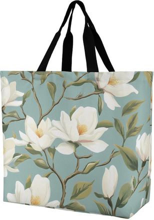 Generic Magnolia Flower Reusable Shopping Bags One Shoulder Grocery Tote Bag Waterproof Big Purse for Work Travel