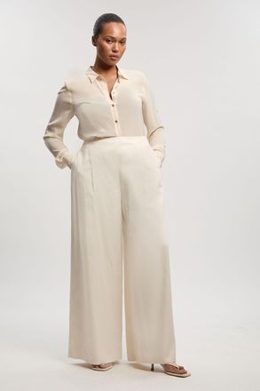 Karen Millen Womens Plus Size Tailored Linen Wide Leg Trouser - White Lyocell - Size 24 UK