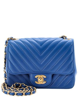 Chanel Blue Lambskin Chevron Quilted Leather Square Classic Single Flap, Never Carried (Authentic Pre-Loved)