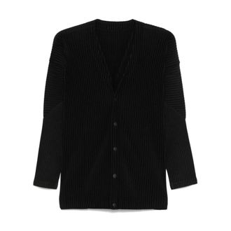 Issey Miyake Cardigans, male, Black, XL, Black Pleated Jumper V-Neck Style