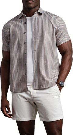 Rhone Brezza Performance Short Sleeve Button-Up Shirt in Teak Brown Vintage Stripe at Nordstrom, Size X-Large