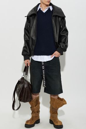 Balenciaga Leather Jacket With A Wide Collar, Mens, Black