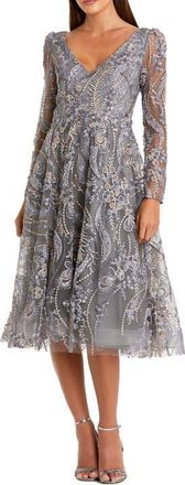 Mac Duggal Womens Floral Embroidered Long Sleeve V Neck Midi Dress in Charcoal at Nordstrom, Size 18