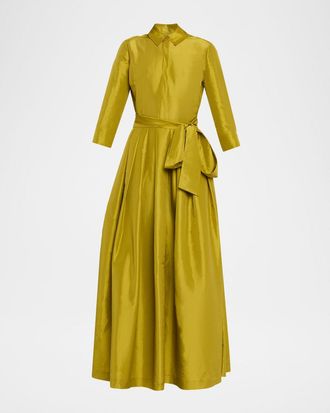 SIMKHAI Julip Pleated Tie-Waist Maxi Shirt Gown