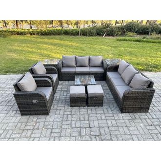 Fimous High Back Rattan Garden Furniture Set with Square Coffee Table 2 Small Footstools 2 Side Tables Indoor Outdoor Patio Lounge Sofa Set Dark Grey Mixed