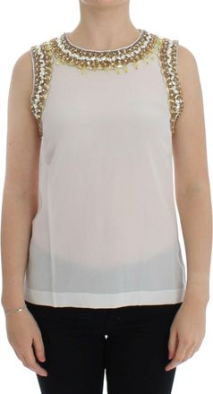 Dolce & Gabbana Womens Sleeveless Blouse Beaded Neckline - Ivory Silk - Size EU 40 (Womens)