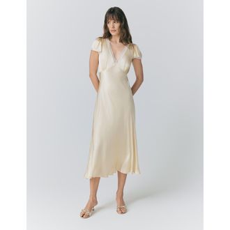 Ghost London Lillie Lace Trim Satin Dress in Buttermilk at Nordstrom, Size 12