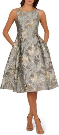 Adrianna Papell Metallic Leaf Jacquard Fit & Flare Cocktail Dress in Slate at Nordstrom, Size 8