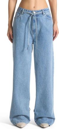 Mani&egrave;re De Voir Faye Wide Mid Rise Jeans with Tie Waist in Mid Blue at Nordstrom, Size 12