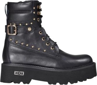 Cult Enkellaarsjes met Rits en Veters - Dames - Veterlaarzen - Zwart - 40 EU - Leer - Schoenen