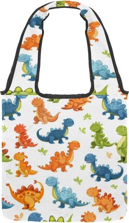 Generic Cartoon Mini Dinosaurs Reversible Canvas Shoulder Tote - Double-Sided Print, 12oz Cotton, 27cm Drop, Fold-Flat Bag for Travel, Shopping, Street Outing