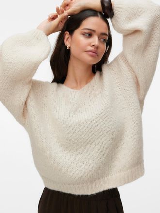 Vero Moda Strickpullover VERO MODA VMMAYBE LS 2WAY V-NECK PULLOVER NOOS, Damen, Gr. L, birch, Strick, Obermaterial: 100% Polyester, unifarben, loose fit normal,