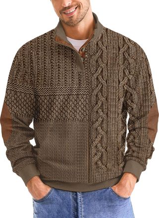 Generic Mens Sweatshirt Retro Vintage Knit Print Sweater 3D Printed Stand Up Collar Long Stand Collar Henley Button Pullover Top