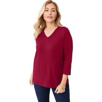 Jessica London Stretch Cotton V-Neck Tee in Rich Burgundy at Nordstrom, Size 12