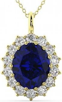 Allurez Oval Blue Sapphire & Diamond Halo Pendant Necklace 14k Yellow Gold (6.40ct)