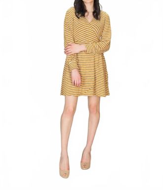 Papillon Striped Wrap Style Bishop Sleeve Dress In Mustard