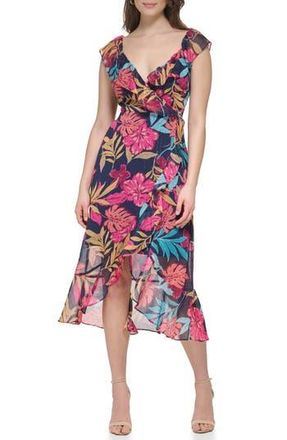 Kensie Tropical Floral Chiffon Faux Wrap Dress in Navy Multi at Nordstrom Rack, Size 10