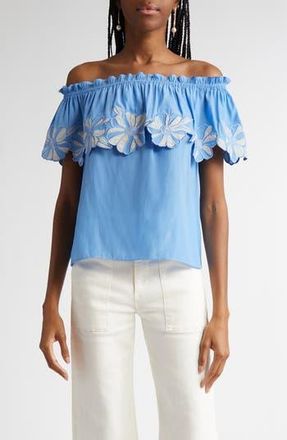 Ramy Brook Terri Embroidered Floral Ruffle Off the Shoulder Top in Ribbon Blue at Nordstrom Rack, Size Xx-Small