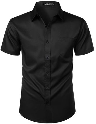 PARKLEES Mens Casual Urban Stylish Slim Fit Short Sleeve Button Up Dress Shirt with Pocket EU-ZLSC15 Black XXX-Large