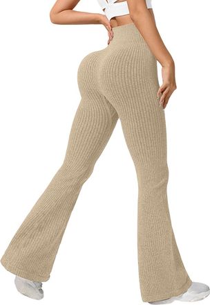 Generic Flared Leggings for Women High Waisted Tummy Control Gym Leggings Scrunch Butt Lifting Sports Yoga Pants Womens Seamless Ribbed Knit Joggers Running C