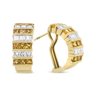 House of Brilliance 18K Yellow Gold 1 3/4 Cttw Invisible Set Princess Cut Diamond and 2.5mm Yellow Sapphire Huggie Hoop Earrings (F-G Color, VS1-VS2 Clarity)