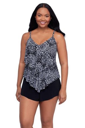 Trimshaper Ronnie 2 Tier Ruffle Plus Size Tankini Swimsuit Top in Noir Blooms at Nordstrom, Size 12