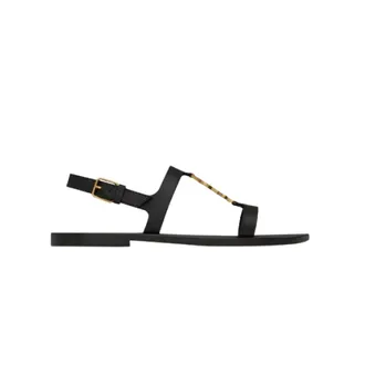Saint Laurent Flat Sandals, female, Black, 4 UK, Bronze-tone Leather Sandals with Ankle Strap
