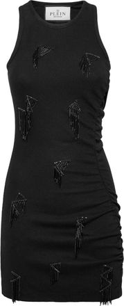 Philipp Plein Jersey Rib Korte Jurk Franje - Dames - Korte kleedjes - Zwart - XL - Katoen - Kleedjes